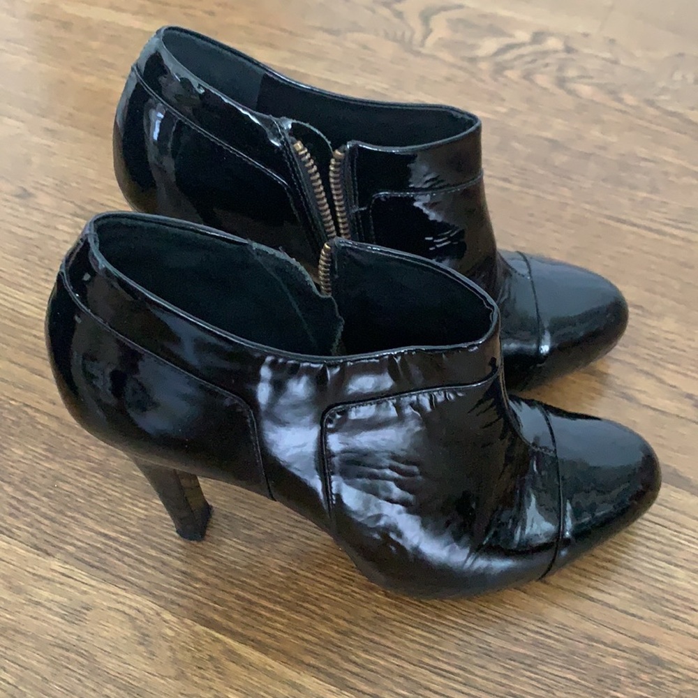 BCBG MaxAzria black patent leather bootie